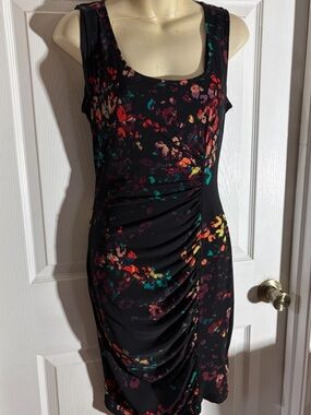 Slimpact lBlack Floral Asymmetrical mRuched Sleeveless Shape Wear Mini Dress